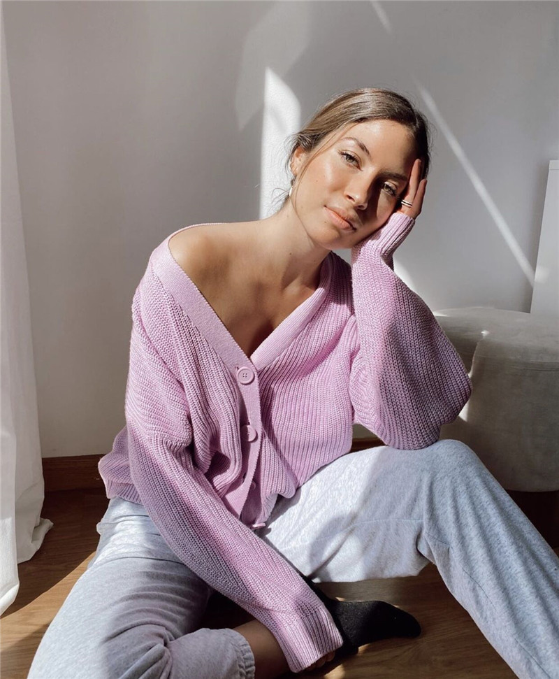 Purple drop-shoulder sleeves V-neck thin slim solid stretch autumn winter knitted sweaters cardigans for woman 210508