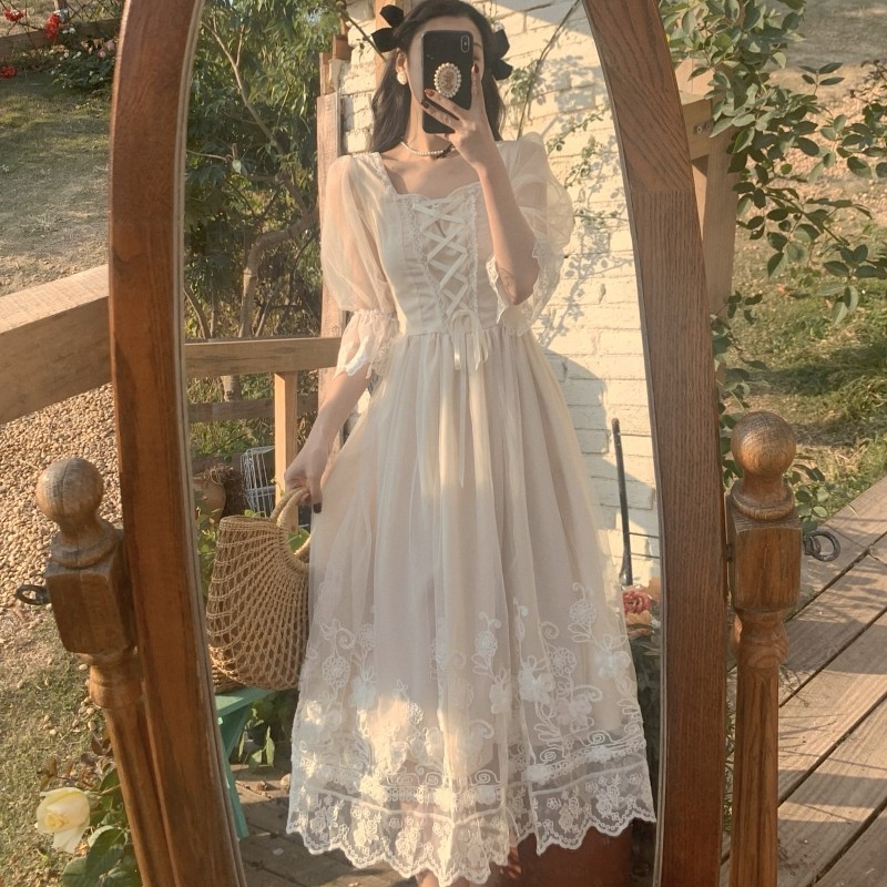 Summer Sweet Lace Patchwork Chiffon Elegant Dress Women Korean Fashion Square Collar Short Sleeve Fairy Party Female 210519