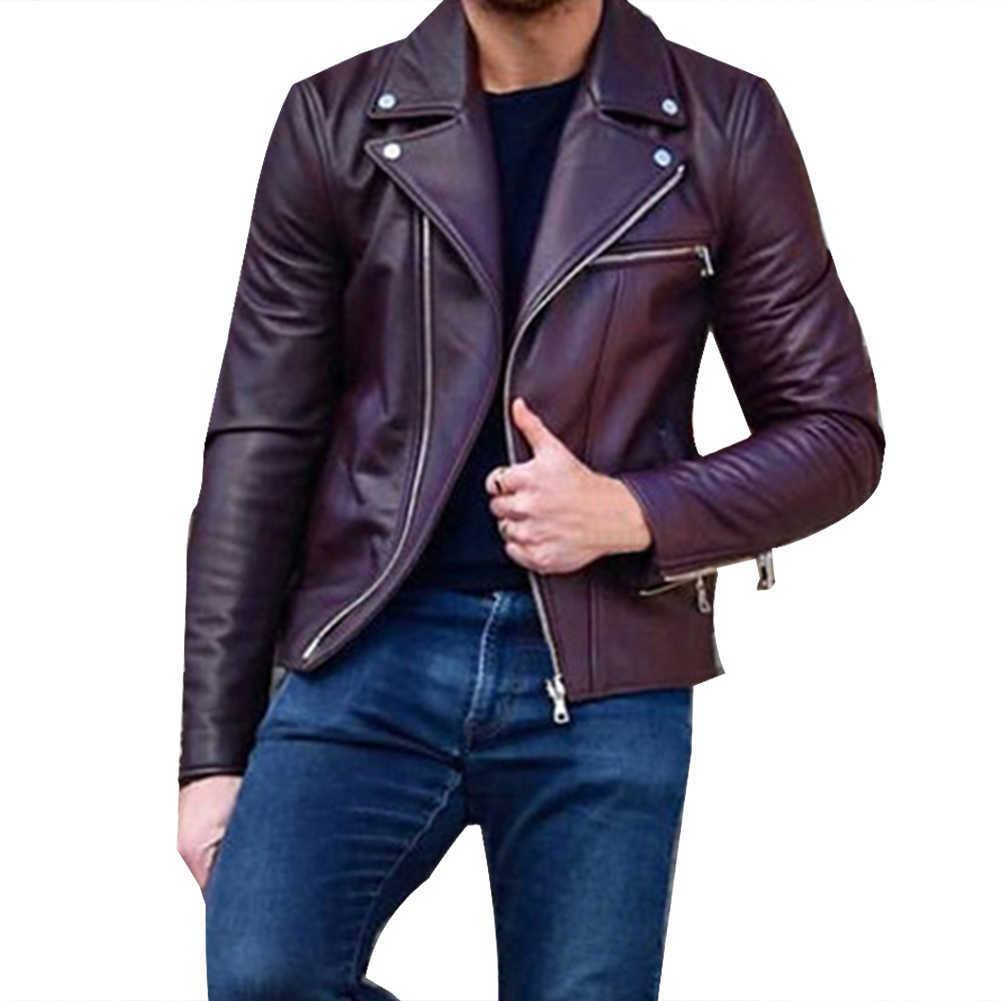 New Fashion Autumn Winter Men Leather Long Sleeve Lapel Clothing Casual Loose Male Fit Motorcycle Jacket Coat With Zipper X0621