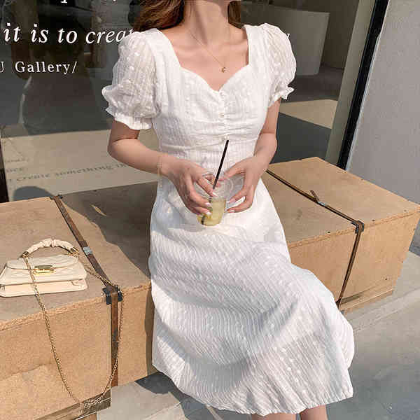 Sweet Embroidery Cotton Elegant White Dresses Summer Puff Short Sleeve Square Collar Split Sexy Party Dress 210519