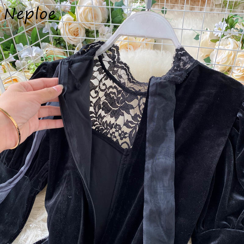 Neploe Retro Lace Patchwork Dress Elegant O-neck Long Sleeve Slim Waist Velvet Femme Vestidos Chic Button Drawstring Dresses 210422