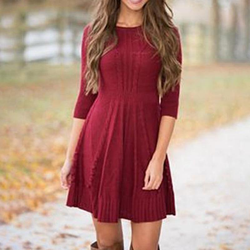 Women Dress Fashion Knitted O Neck Sweater Seven Sleeve High Waisted A-line Girl es Plus Size 2XL 210513