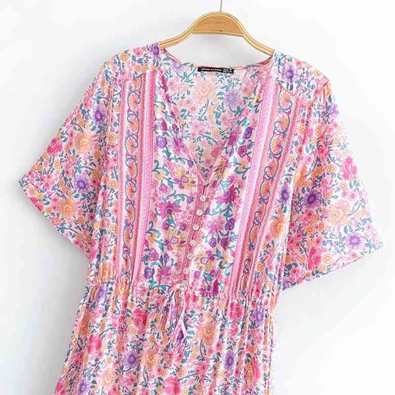 beauty Fashion Boho Pink Floral Print Midi Dress Women Beach Chic Vintage Long Dresses Female Summer Holiday Wear 210514