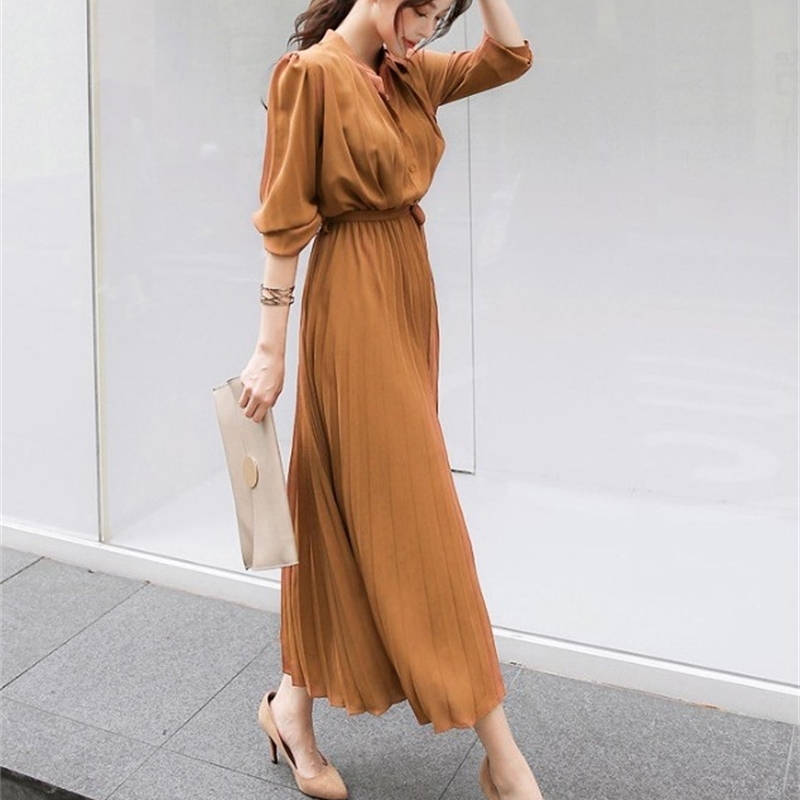 Women's Dress Spring Pleated Fashion fashion Slim High Waist Long Temperament Office Female Dresses Sleeve Casual 210519