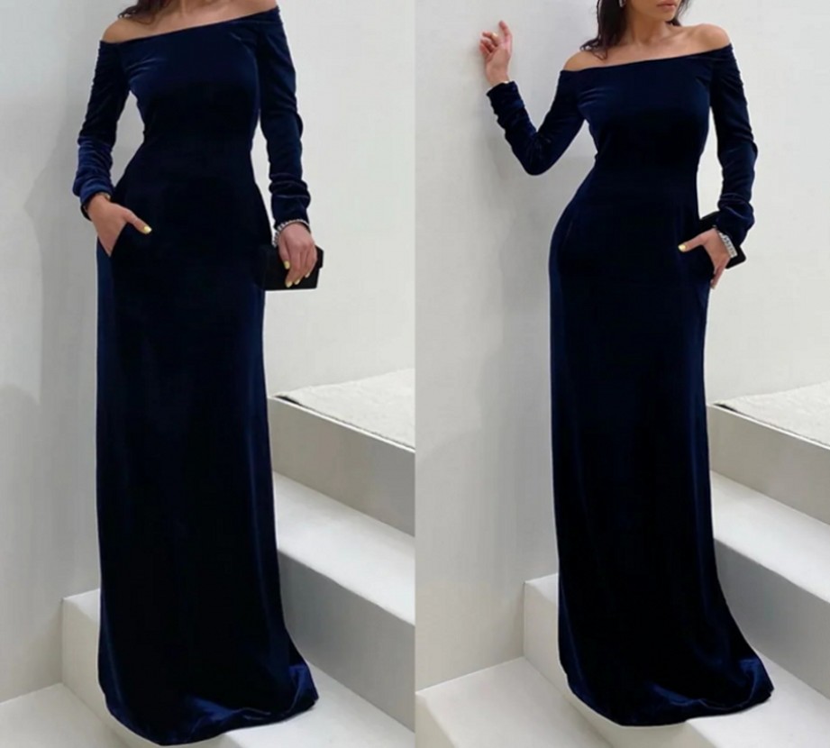Dark Navy Engagement Prom Dress Off Shoulder Long Sleeve Floor Length Velvet Formal Party Gown New Vestidos Fiesta Robe De Soiree 2022