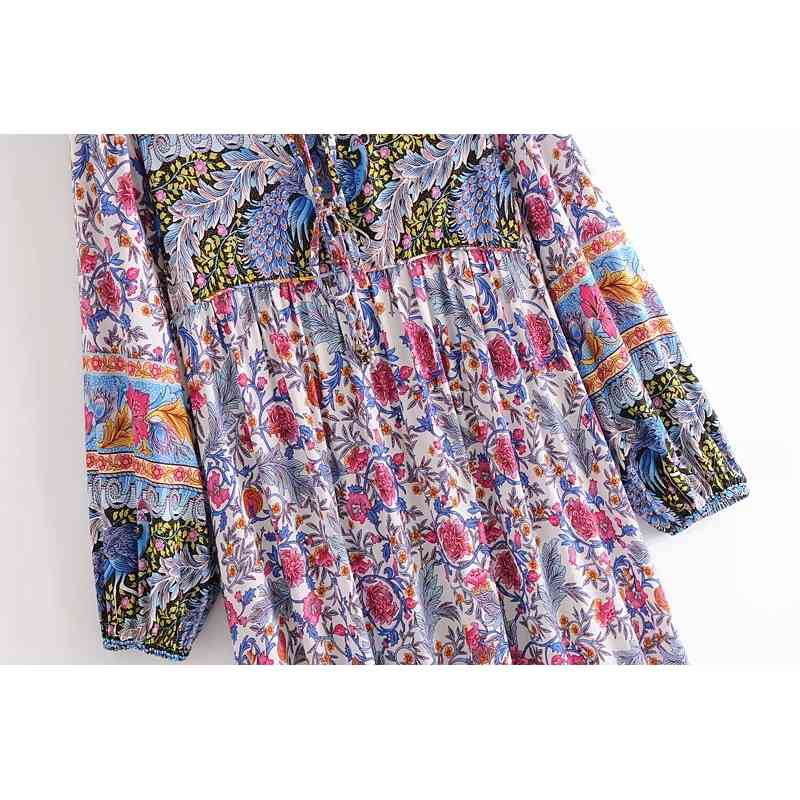 BOHO Lace up V neck Floral Peacock Print Maxi Long Cotton Dress Ethnic Woman Bandage Sleeve Dresses Holiday Vestido 210429