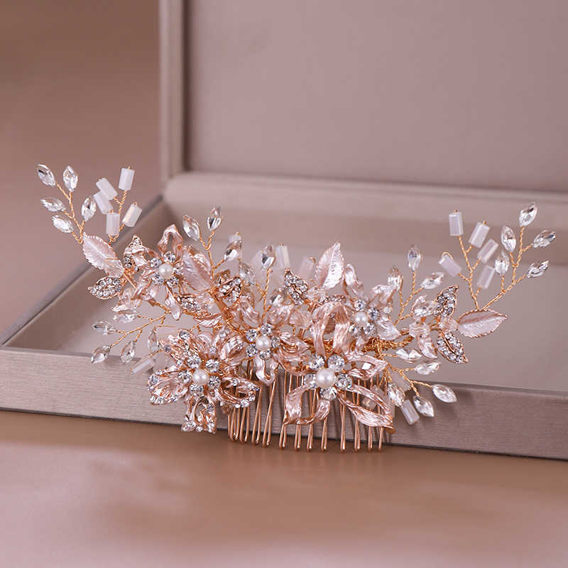 Trendy Rose gold Wedding Hair Combs Accessories for Bridal Crystal Headpiece ornaments Jewelry 210707