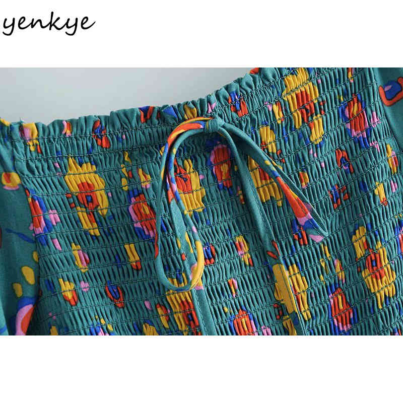 YENKYE Vintage Green Floral Print Dress Women Sexy Square Neck Long Sleeve A-line Midi Lady Dresses Holiday Summer Vestido 210515