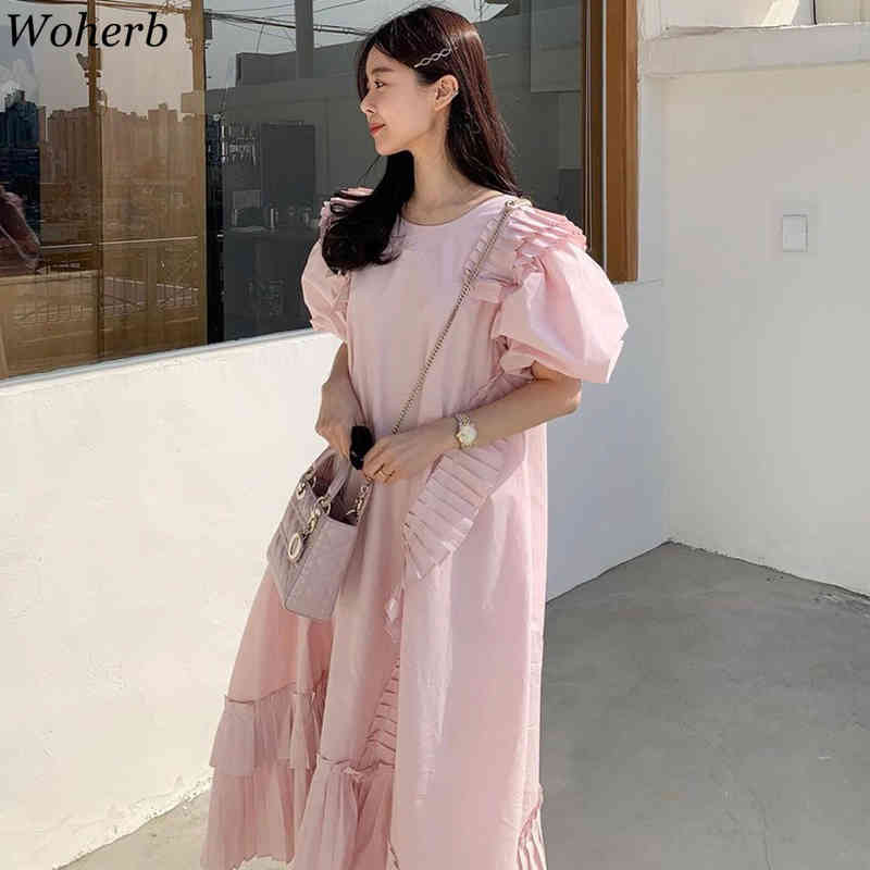 Retro Maxi Dress Ruffles Chic Short Puff Sleeve Female All Match High Street Fashion Vintage Elegant Long Pleated Dresses 210519