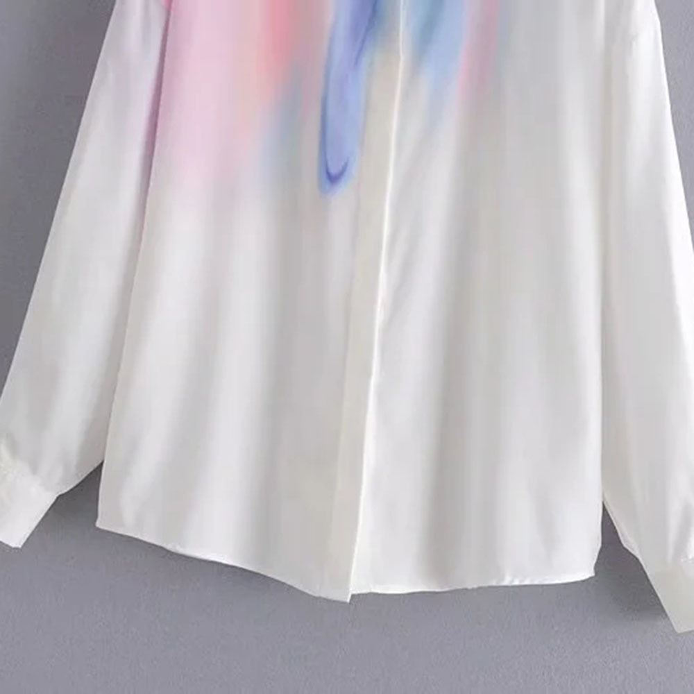 Women Fashion Tie-Dyed Elegant Blouses Vintage Lapel Collar Long Cuffed Sleeves Female Shirts Chic Tops 210520