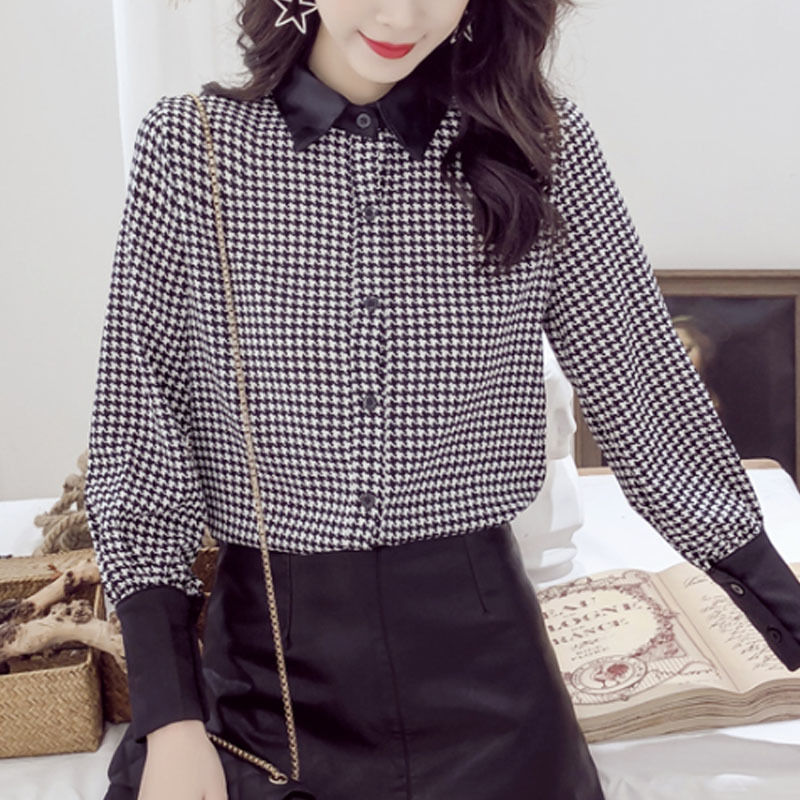 Autumn Fashion Women Blouses Casual Turn-down Neck Tops Long Sleeve Lattice Shirt Office Lady 5705 50 210508