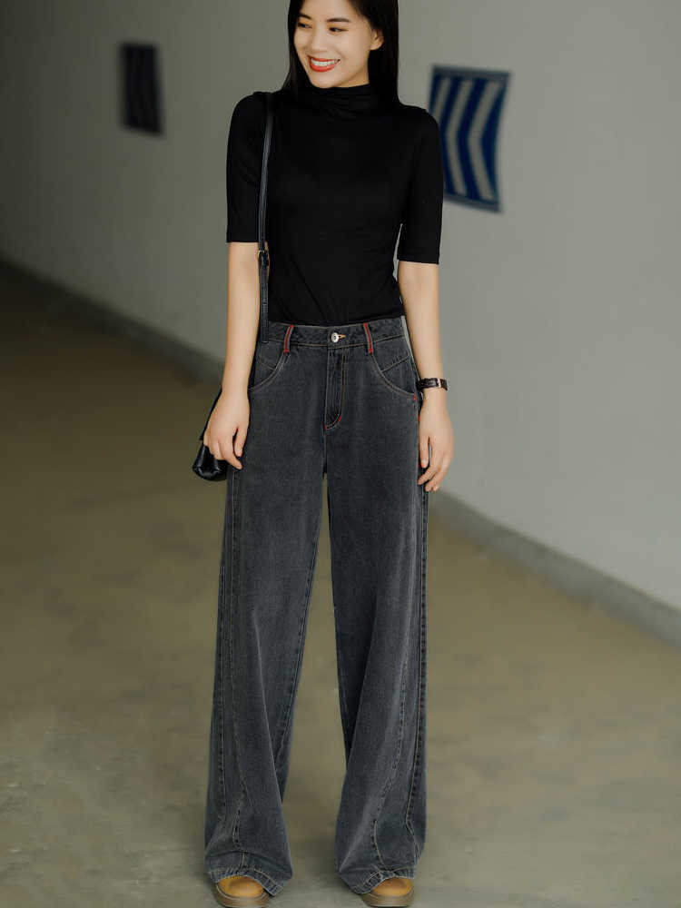 Black Straight Loose Jeans Women's Spring Vintage Denim Trousers Female High Waist Mom Drape Wide-leg Pants S-XXXL 210616