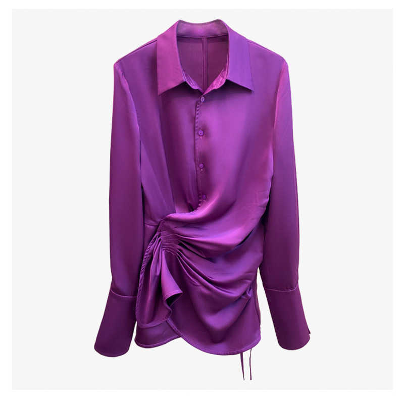 Sexy Shirt Dres Turn-Down Collar Long Sleeve Irregular Button Party Mini es Holiday Purple Satin Shirts 210623