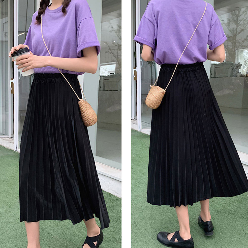 Elegant Solid Midi Pleated Skirt Women Autumn Winter Ladies Korean High Waist A-line School Long Female 210428