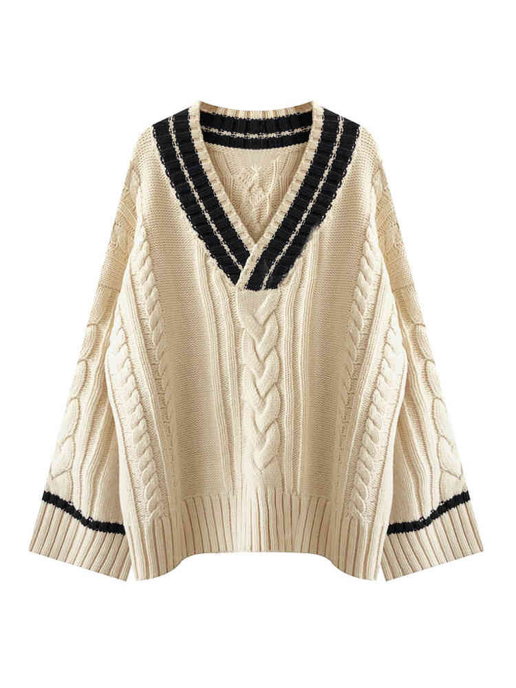 Vintage V-neck Women Sweater Korean Chic Striped Jumpers Twisted Knitwear Autumn Loose Female Knitted Pullovers 210519