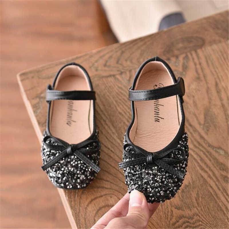 2021 spring new fashion girls' shoes princess shoes bowknot Sequin soft sole antiskid children's performance shoes X0703