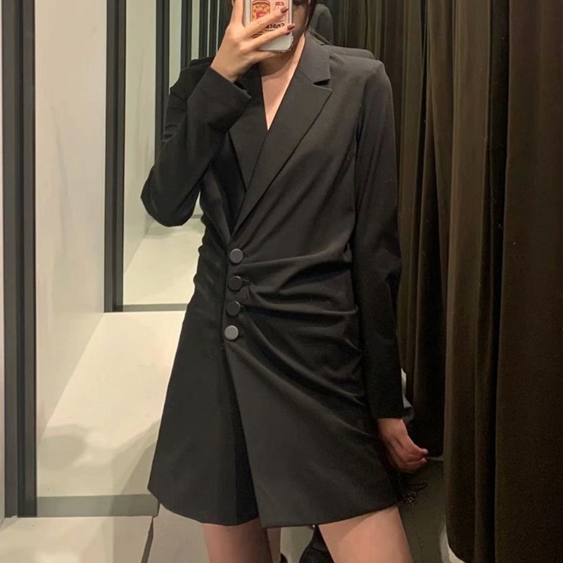 Elegant Women Notched Collar Blazer-Dress Fashion Ladies Draped Dress Streetwear Female Chic Asymmetric Mini Dresses 210430