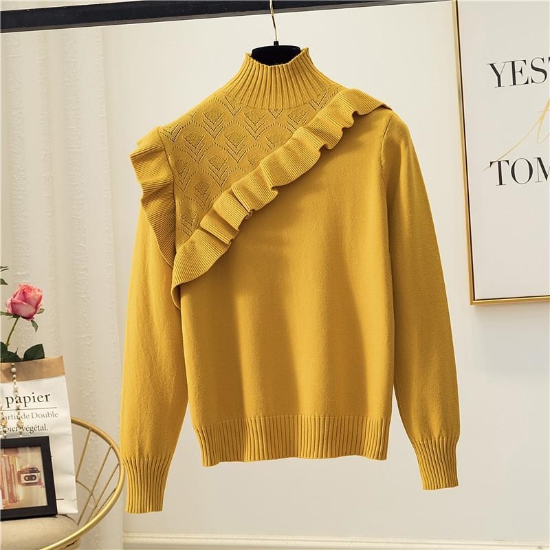 Nomikuma Half Turtleneck Women Sweater Autumn Winter Basic Knit Pullover Korean Sweet Ruffle Long Sleeve Puff Femme 6C356 210427