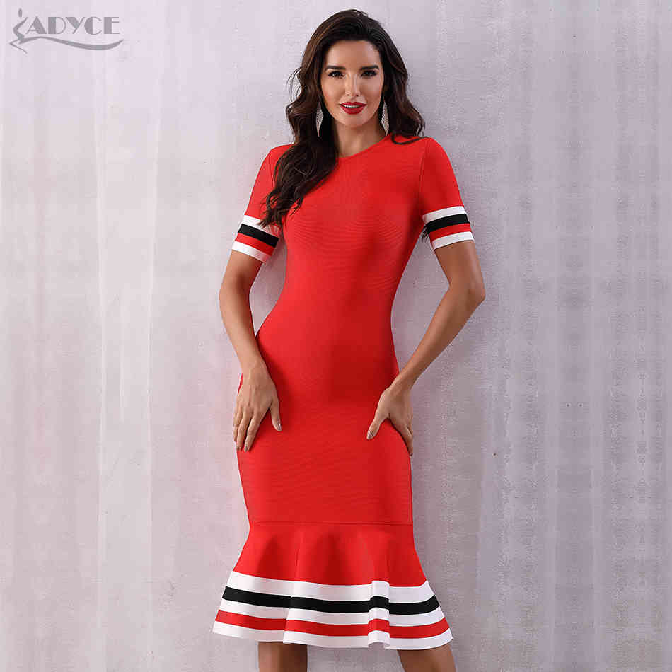Summer Red Bandage Dress Women Sexy Short Sleeve Mermaid Club Vestido Runway Celebrity Evening Party 210423