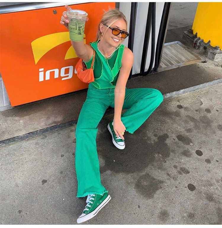 solid color jeans girl streetwear fashion clothing green slim straight leg pants hip-hop mom 210809