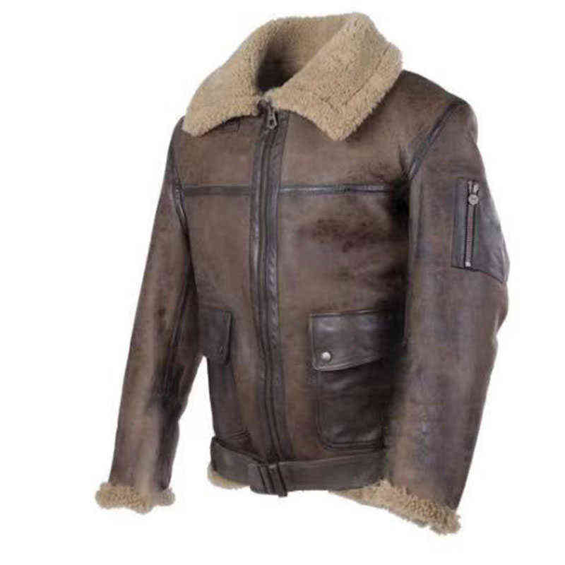 Winter Mens Lamb Wool Lined Leather Jacket Parka Outwear Coat Men Retro Fur Locomotive Jacket Zipper PU Leather Coat Warm 211111