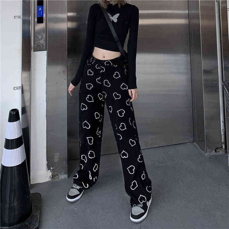 MINGLIUSILI Hip Hop Wide Leg Pant Vintage Korean Style Trousers Women Fashion Spring Harajuku Heart Print Pants 211124