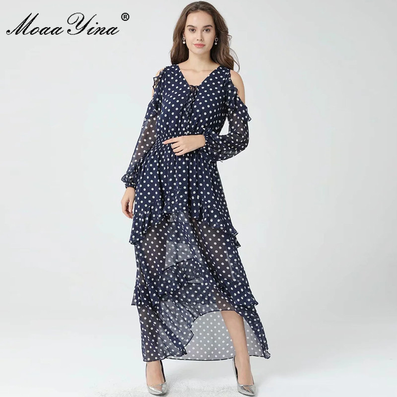 Spring Runway Elegant Polka Dots Print Maxi Women V-Neck Ruffle Long sleeve Sexy Black Club Party Dress Vestidos 210524