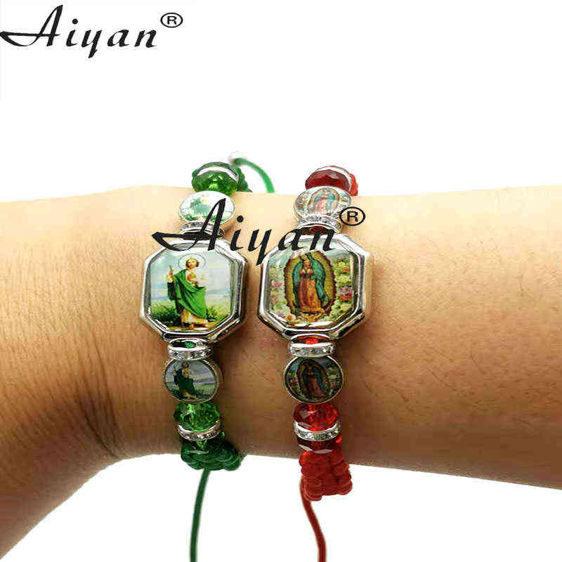 12Pieces Men And Women's Style Jesus And The Father And The Virgin Mary Drop Oil Alloy Crystal Religion Hand Made Braid Bracelet 220117