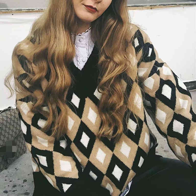 Vintage Woman Rhombus Plaid V Neck Sweater Fashion Ladies Autumn Oversized Knitted Tops Female Chic Soft Sweaters 210515