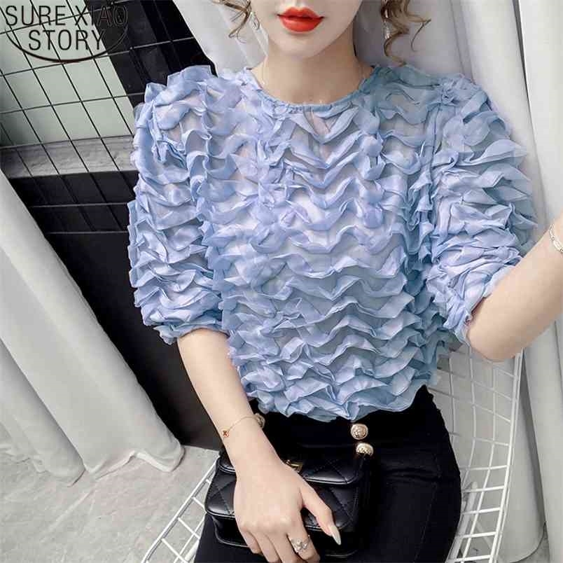 Women Blouse Niche Temperament Mesh Summer Chiffon Shirts Solid Blue Tops Round Collar Clothes Blusas 14464 210506