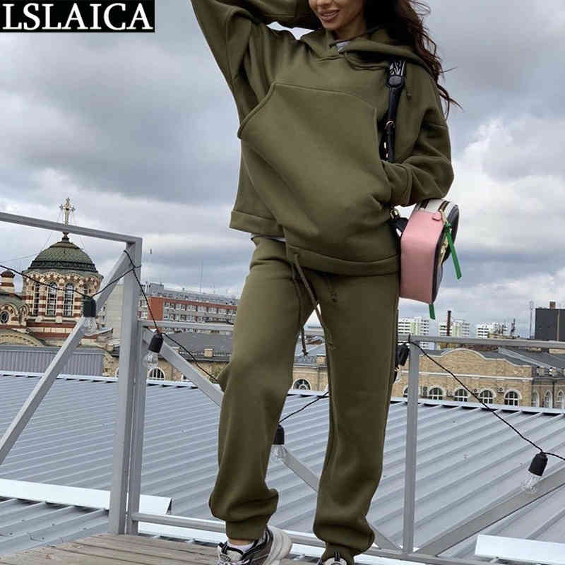 Tracksuit Women Solid Hooded Sweatshirt Pockets Long Pants Knitted Two Piece Set Autumn Fashion Casual Clothing 210520