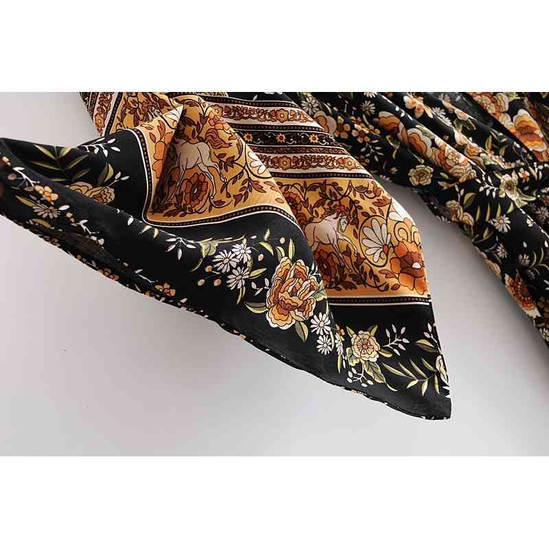 Bohemia V neck Orange Flower Print Long Kimono Shirt Black Ethnic Women Lacing up Bow Sashes Cardigan Loose Blouse Tops 210429