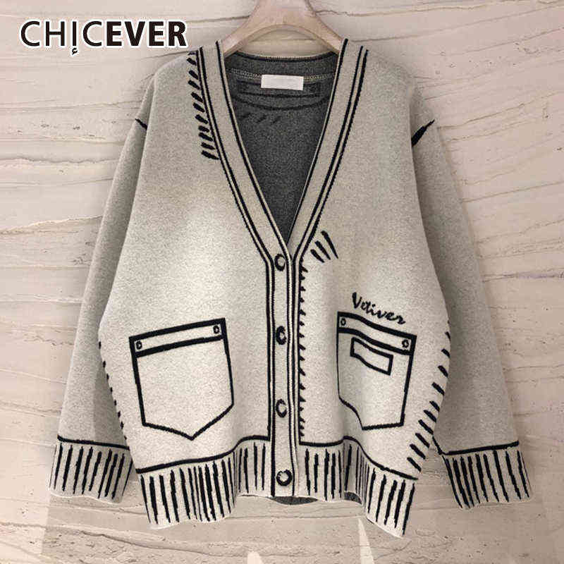 CHICEVER Casual Loose Sweaters For Women Print V Neck Long Sleeve Plus Size Elegant Cardigans Female Fashion Clothing Style 211117