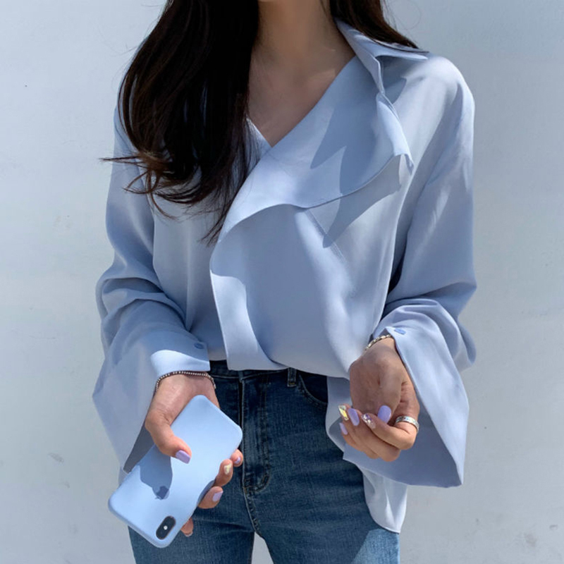 Minimalist Sunscreen Blouse Women's Summer V-necl Cross Loose Long Sleeve Solid Color Shirt Female 5C471 210427