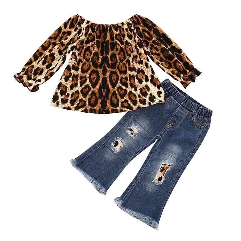 6m-4Y Autumn Winter Toddler Infant Baby Kid Girls Clothes Set Leopard Long Sleeve Top Denim Pants Children Outfits 210515