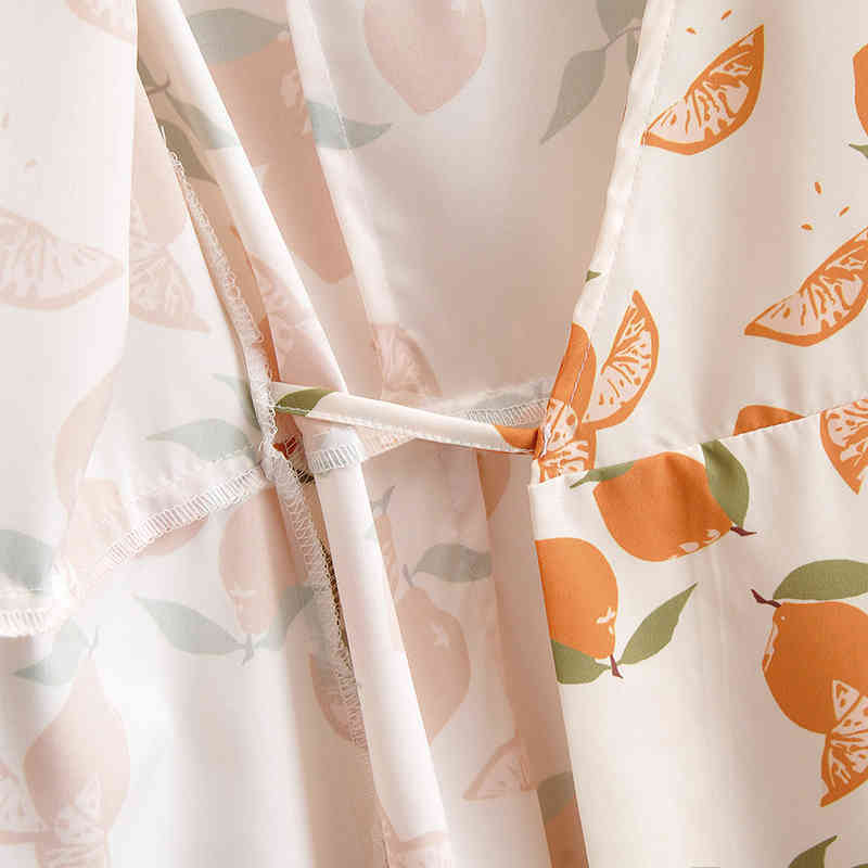 Women Chic Lemon Print Dress Summer Ruffle V Neck Boho Beach Midi Ladies Short Sleeve A Line Casual Wrap es 210515