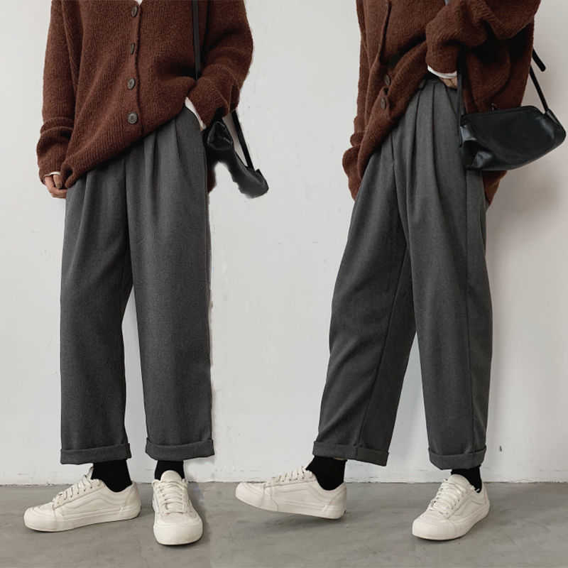HOUZHOU Winter Warm Wide Leg Pants Women Korean Style Oversized Woolen Jokers Black High Waist Trousers For Female 211115