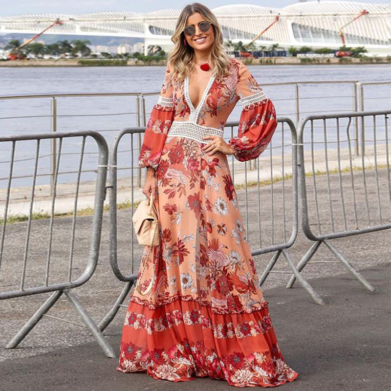 Women Dress Bohemia Maxi V Neck Lantern Sleeve Print es Hollow Out High Waist Sexy Thin Beach Summer 210513