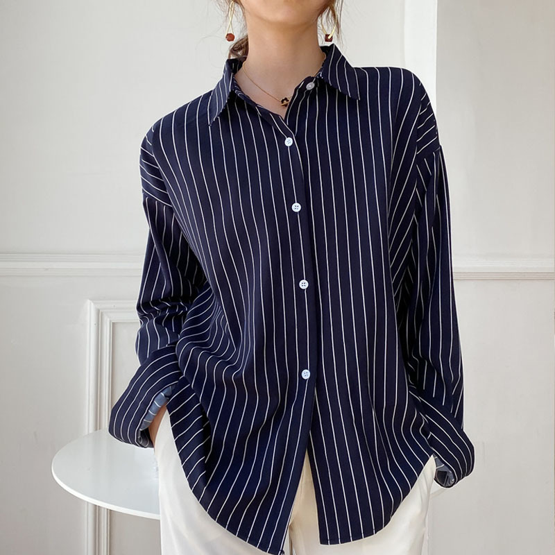 Korean Striped Blouse Women Casual Loose Office Lady Tops Long Sleeve Shirts OL Style Female Fashion Blusas Clothes 11876 210506
