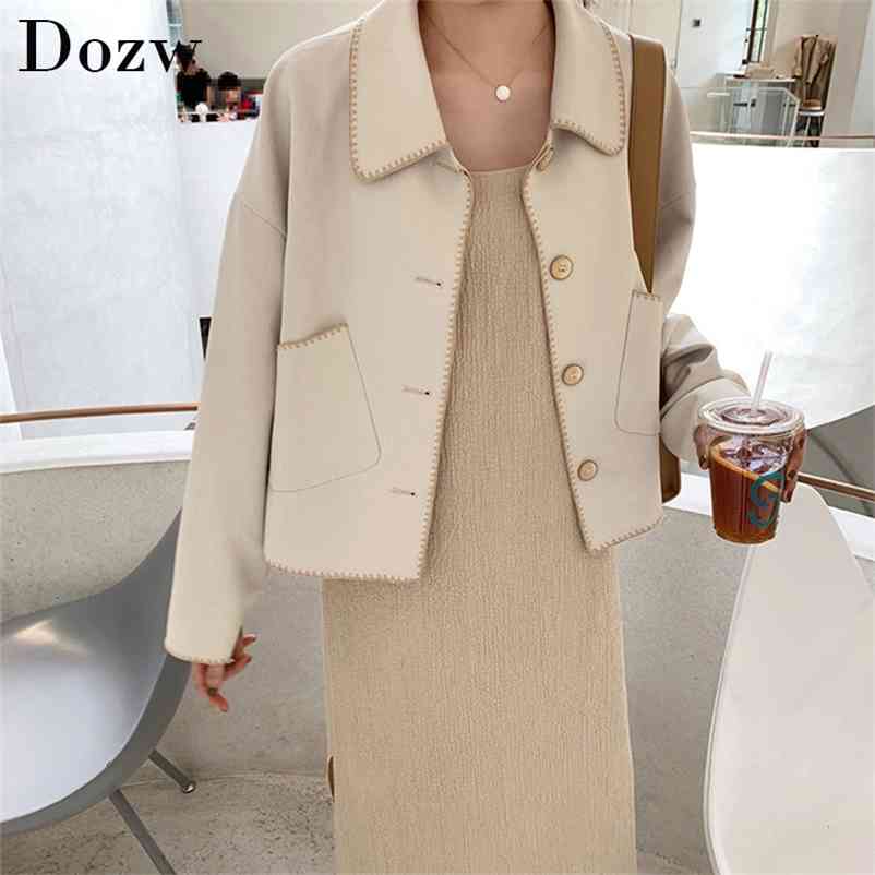 Solid Elegant Blend Coat Women Autumn Spring Turn Down Collar Batwing Long Sleeve Fashion Jacket Pockets Woolen Casual Outwear 210515