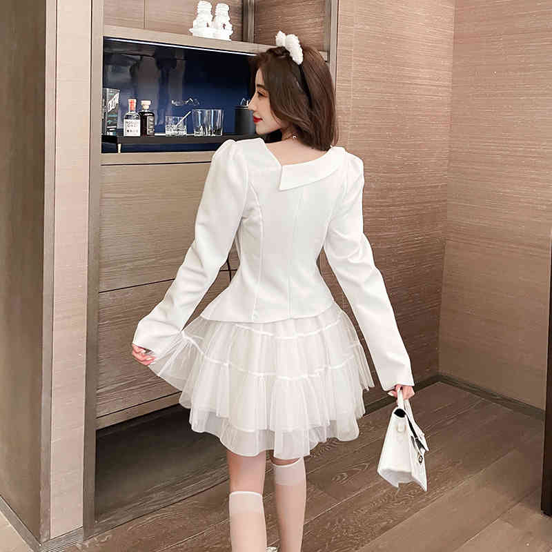 Spring Temperament Ladies Two pieces set Women Long sleeves Single Breasted Chic Shirt Top + High Waist Ball Gown Mini Skirt Sui 210519