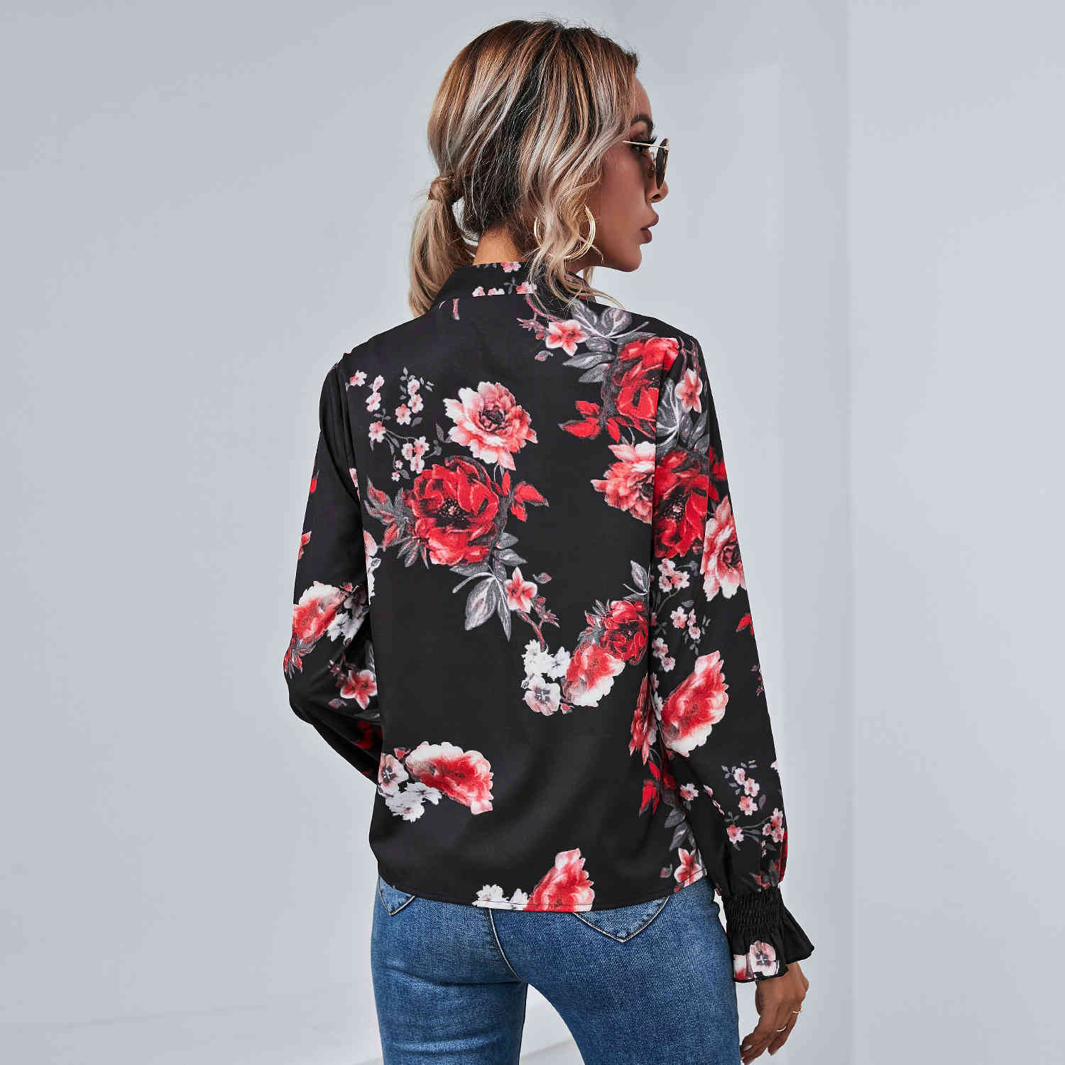 Spring Summer floral printed long sleeve black pullovers shirt Fashion Office Lady wear ruffles loose 210524
