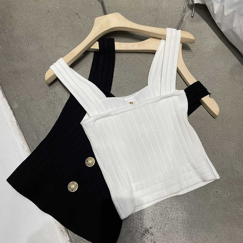 DEAT Women Elastic Knitted Rivet Suspender Bottomed Vest Sexy Solid Color Slim Fashion Spring Summer 11B141 210709