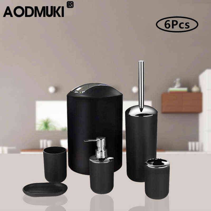 6Pcs Bathroom Accessories Set Toothbrush Holder Cup Soap Dispenser Dish Toilet Brush Trash Can Plastic Tumbler Washroom Tool 211222