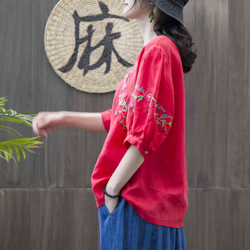 Summer Style Women Tshirt Plus Size Lantern Sleeve Loose O-neck Tops Floral Embroidery Vintage Femme linen Tee Shirt MMX01 210512