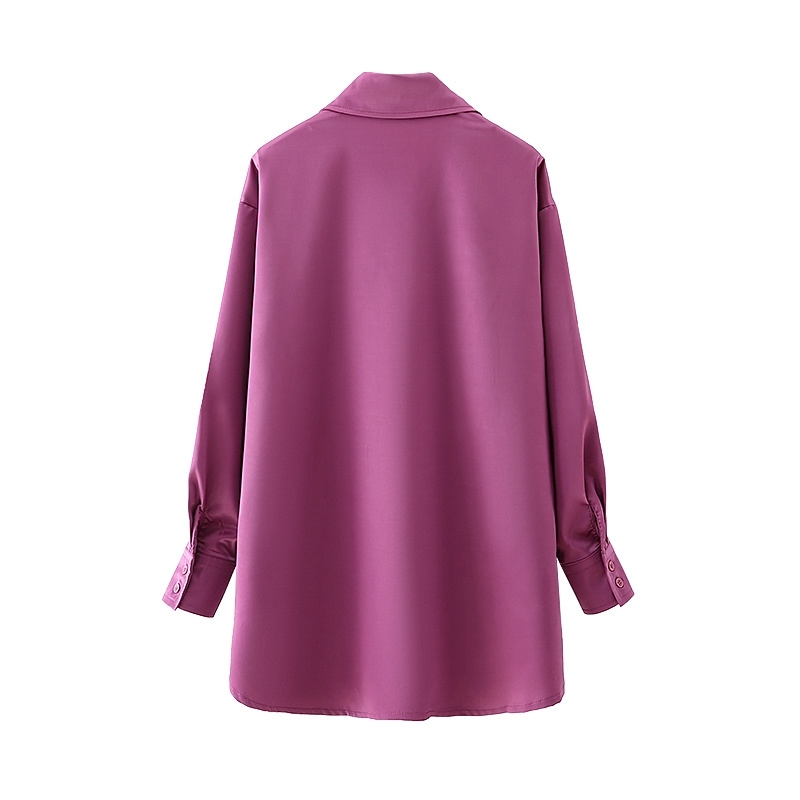 Elegant Women Purplish Red Shirts Fashion Ladies Turn Down Collar Pocket Tops Causal Female Chic Satin Soft Blouse 210430