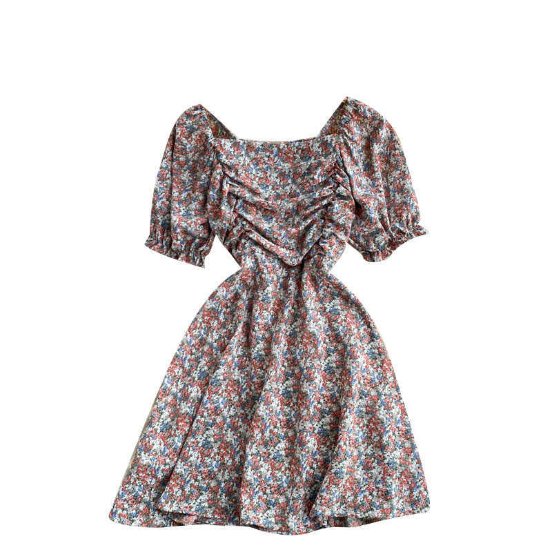 DEAT Women Printing Ruffles Pleated Dress Square Collar Short Sleeve Arrivals Lady Sexy Fashion Spring Summer 11D572 210709