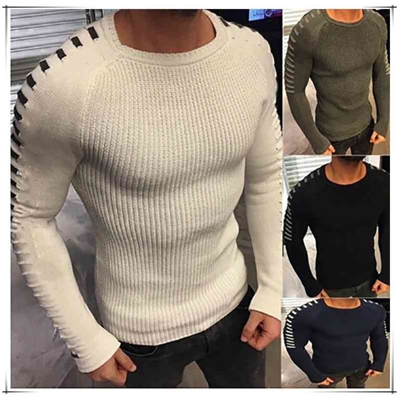 Sueter Masculino Autumn Long Sleeve O-neck Skinny Knitted Sweater Men Casual Black White Patchwork Pullover Ropa Hombre Invierno 210604