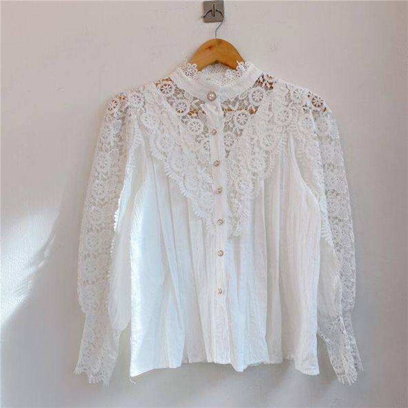 Women's Blouses & Shirts White Women Cut Out Meah Summer 2021 Collared Shirt Woman Button Up Casual Long Sleeve Top