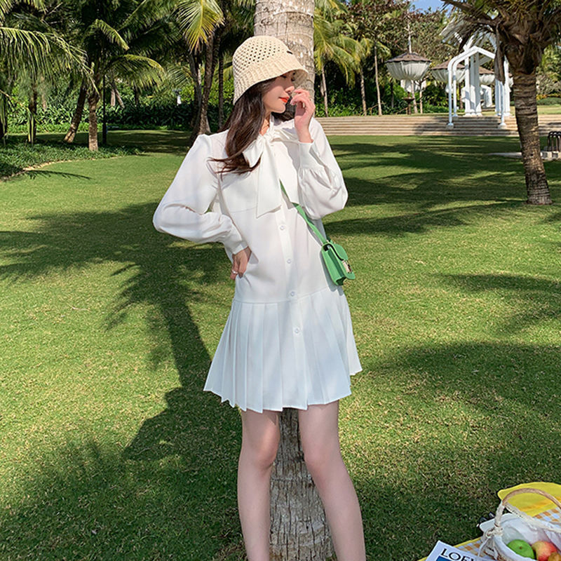 Pleated Shirt Dress Women Long Sleeve Solid Bow Office Lady Elegant White Mini Dress Female Summer Dress Korean 210521